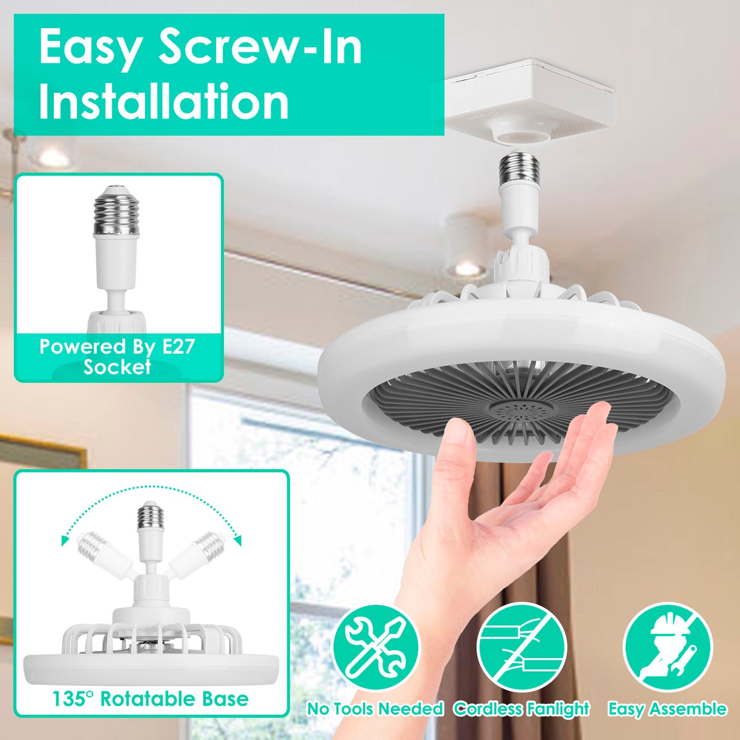 Ceiling Fan with Light Remote Control E27 Socket 9.44in Dimmable LED Fan Light 3 Speed Timer Bedroom Ceiling Fan White Grey