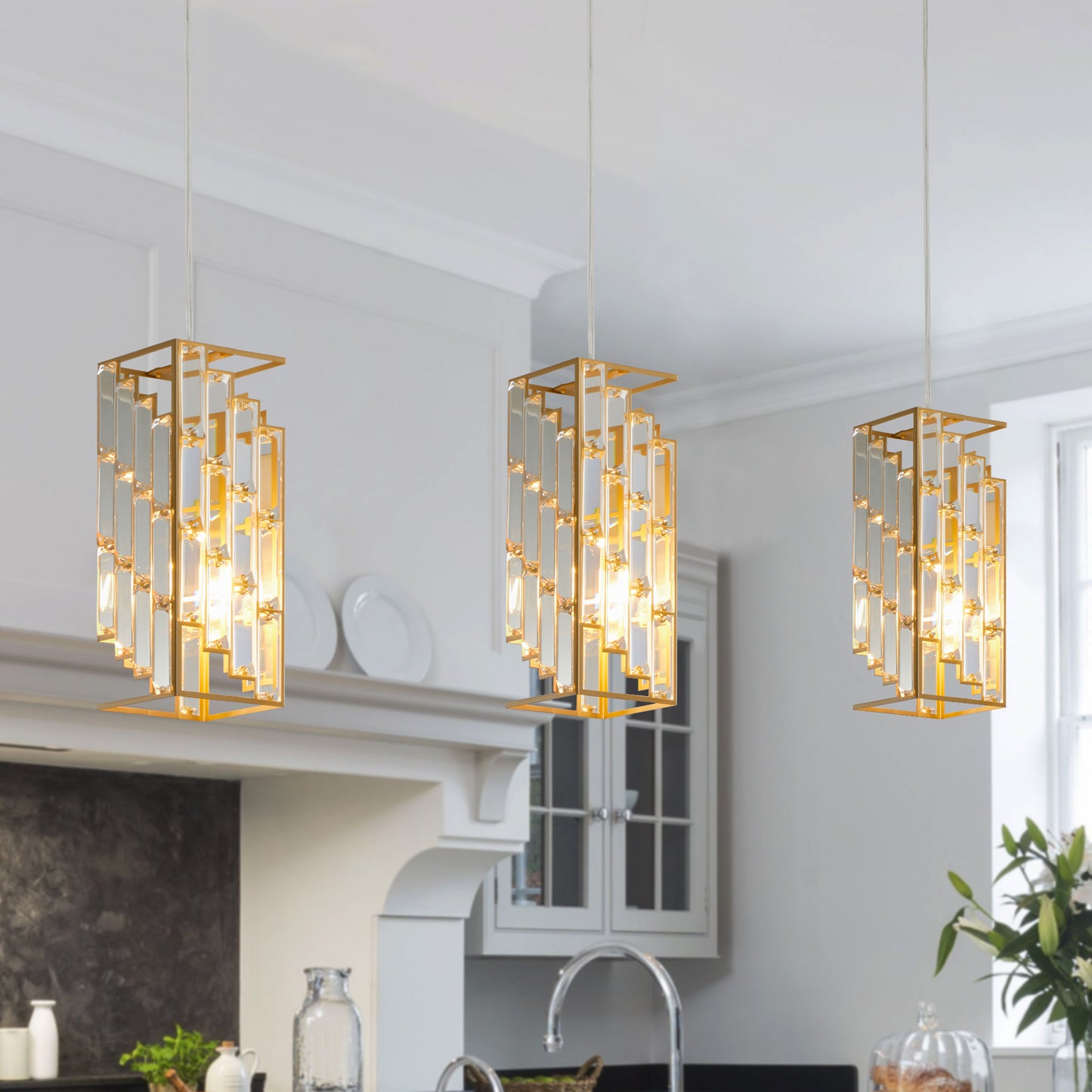 4-Inch Modern Crystal Pendant Light 3-Pack – Golden Adjustable Hanging Lamp for Dining Room & Kitchen Island