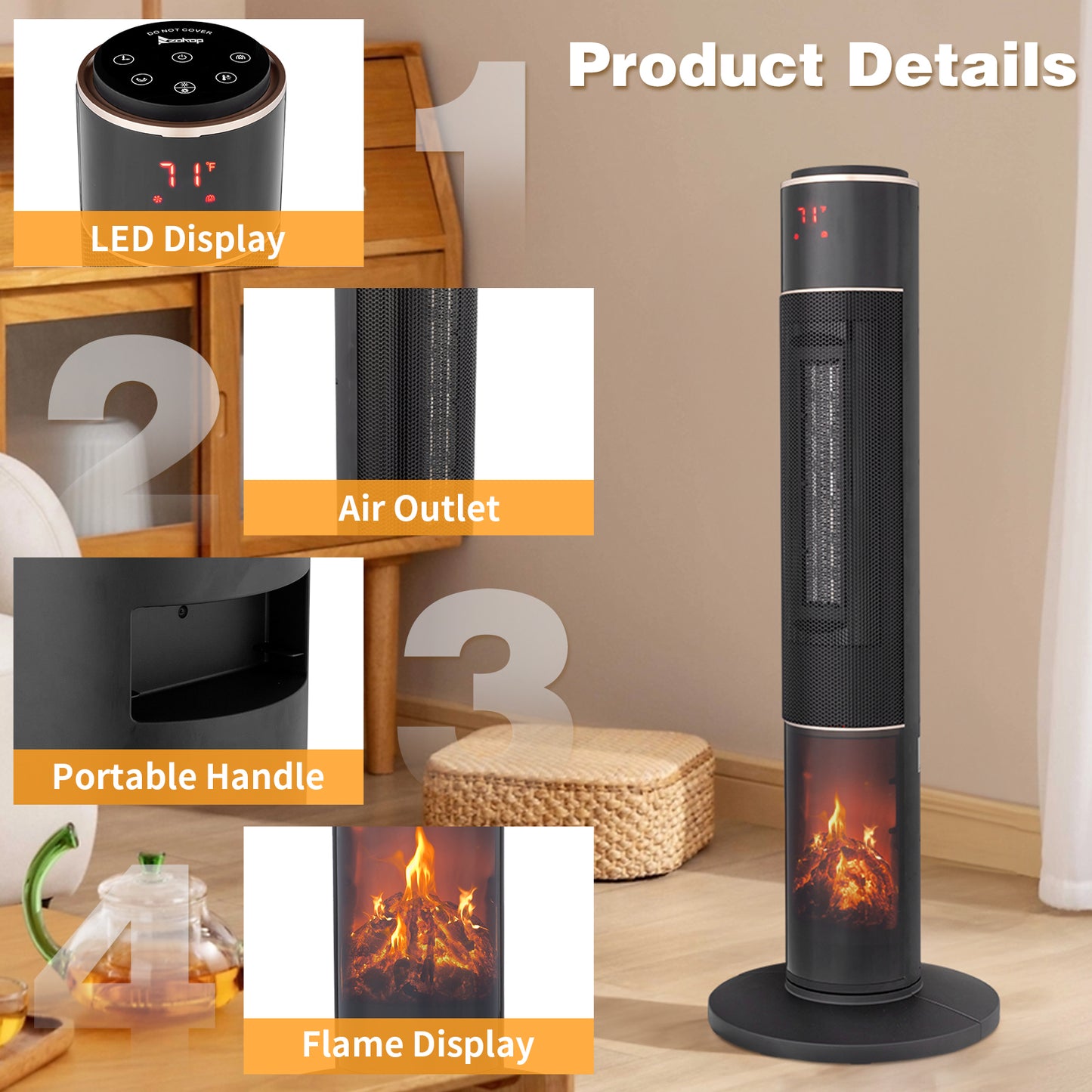 33-Inch Tower Space Heater 1500W Electric Heater with 3D Flame Thermostat Oscillation Timer & Remote for Indoor Home Office