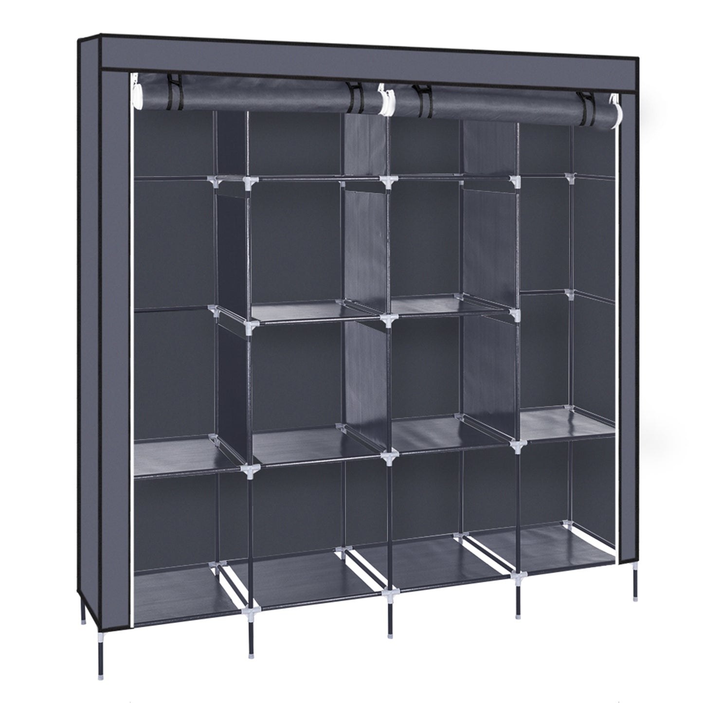 67 Inch Portable Wardrobe Closet Clothes Storage Rack with 12 Shelves and 4 Side Pockets Gray Organizer for Bedroom