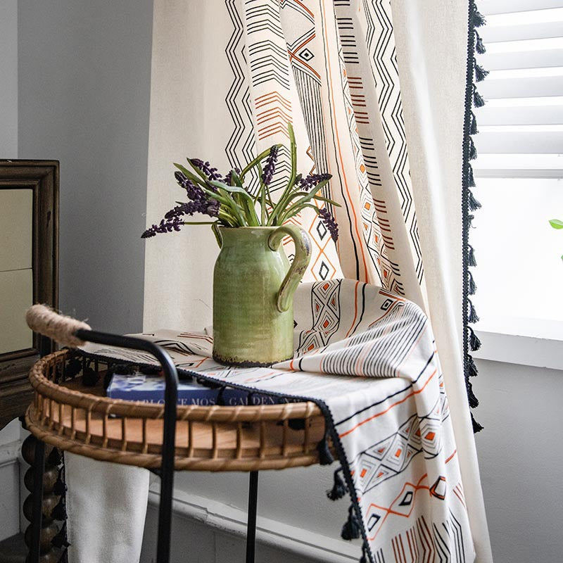 Boho Cream Cotton Linen Print Sun Shade Curtain Fabric Non Punched Window Drapes for Home Decor