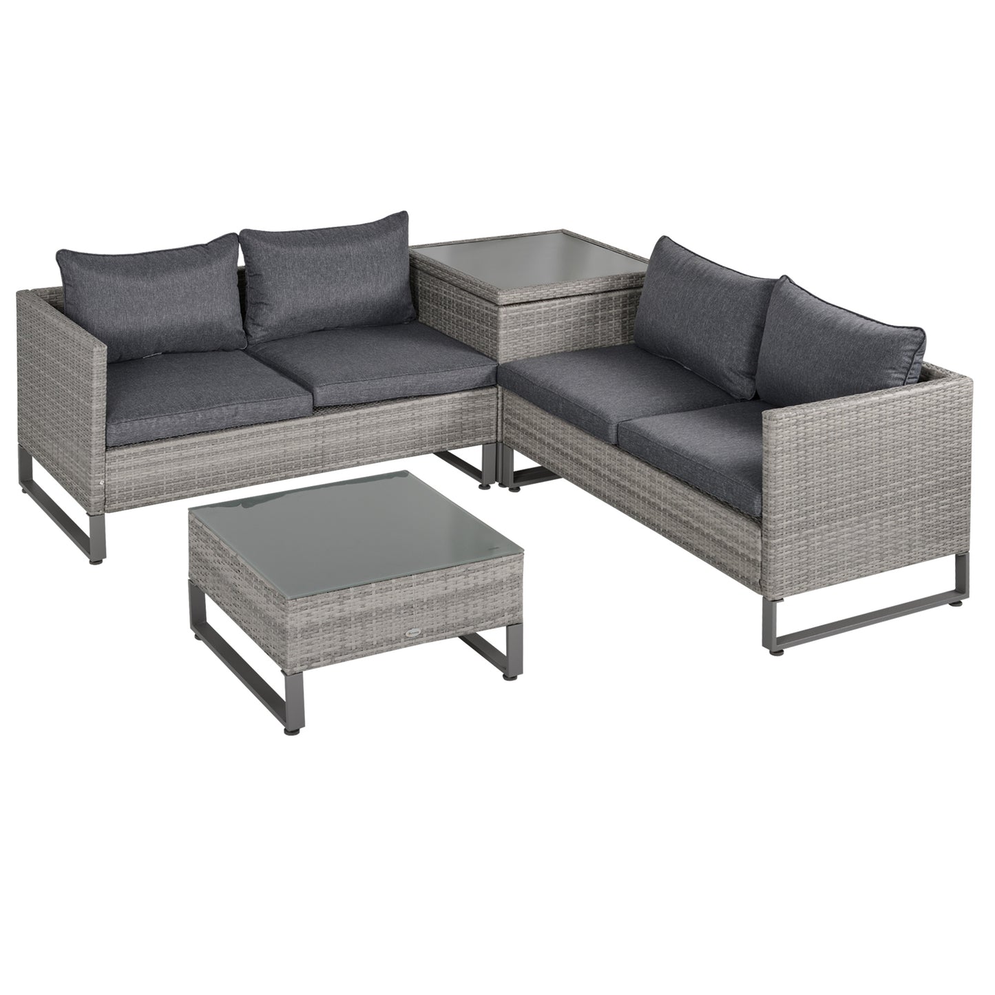 4 Piece Rattan Garden Furniture Set 4 Seater Sofa with Storage Box Glass Top Table Wicker Outdoor Patio Furniture Grey