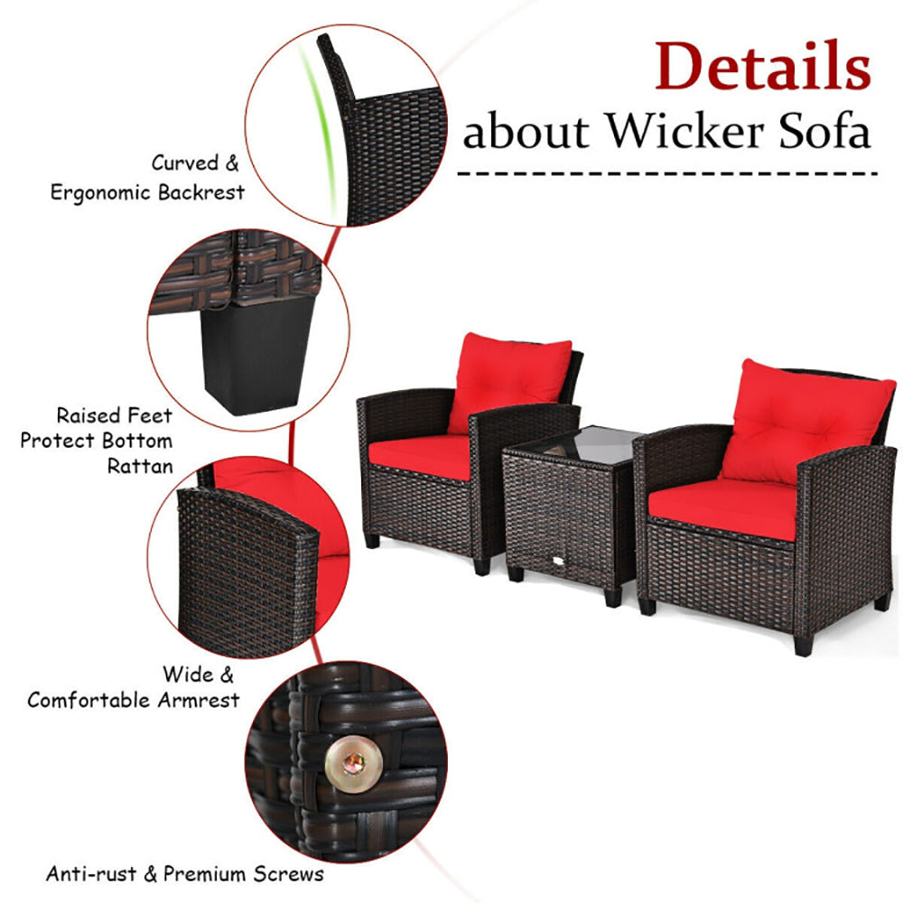 3 Pieces Rattan Patio Furniture Set with Washable Cushions Outdoor Garden Sofa Table Seating Set