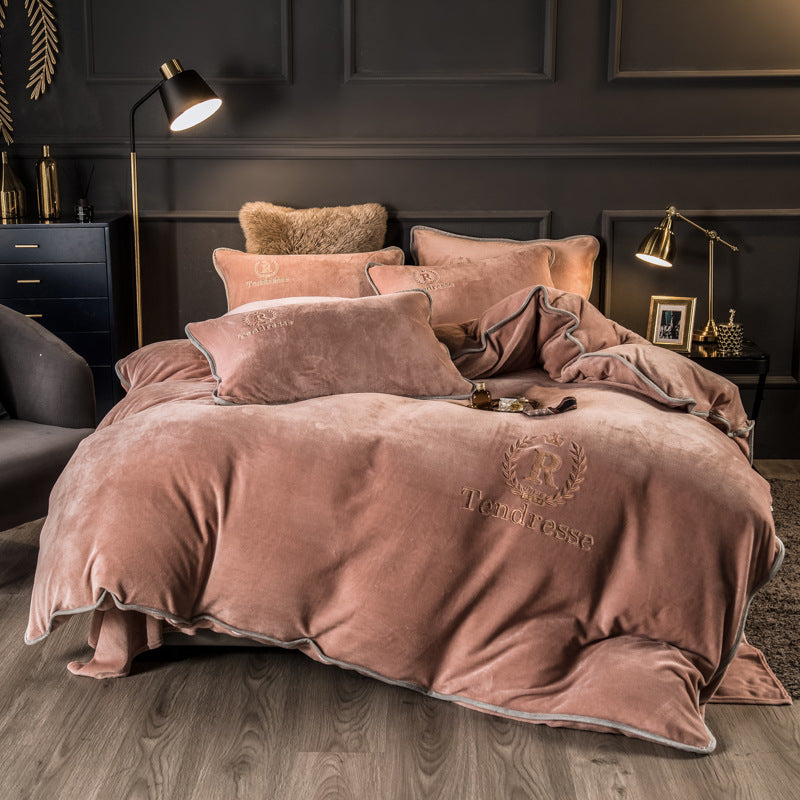 Autumn Winter Thick Fleece Bedding Set Pure Embroidery 4 Piece Quilt Cover Bed Sheet Set Warm Home Textile