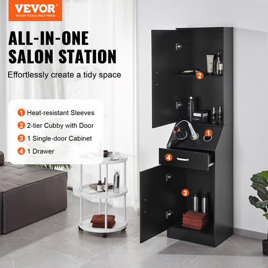 Salon Storage Cabinet Barber Station Hair Stylist Station Set with 3 Hair Dryer Holders Drawer and Cabinets Black