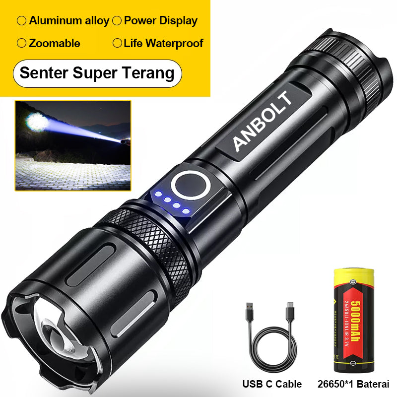 Super Bright USB-C Rechargeable LED Flashlight Zoom Long Range Waterproof High Power Torch Light