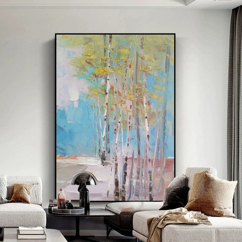 Handmade Birch Forest Oil Painting Canvas Wall Art Abstract Landscape Frameless Unstretched Home Decor