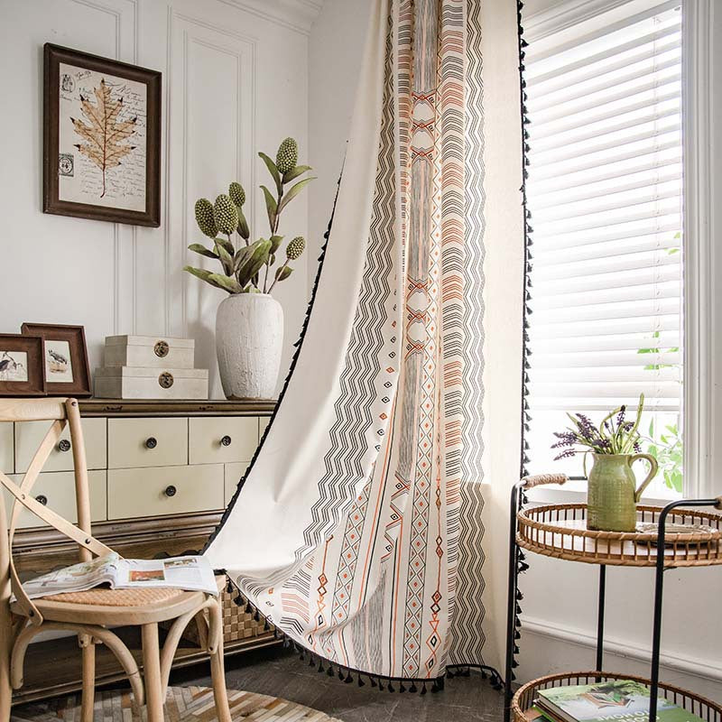 Boho Cream Cotton Linen Print Sun Shade Curtain Fabric Non Punched Window Drapes for Home Decor