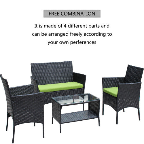 4 Piece Rattan Patio Furniture Set Outdoor Wicker Sofa with Cushioned Seats Green Cushion Garden Outdoor Seating Set