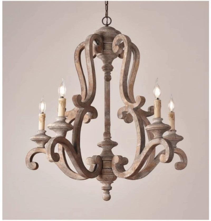 American Country Vintage Chandelier – Distressed Wooden Candle-Style Light Fixture