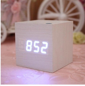 Minimalist Cube Wooden Digital Clock Sound Sensitive LED Display Temperature and Time Desk Alarm Clock