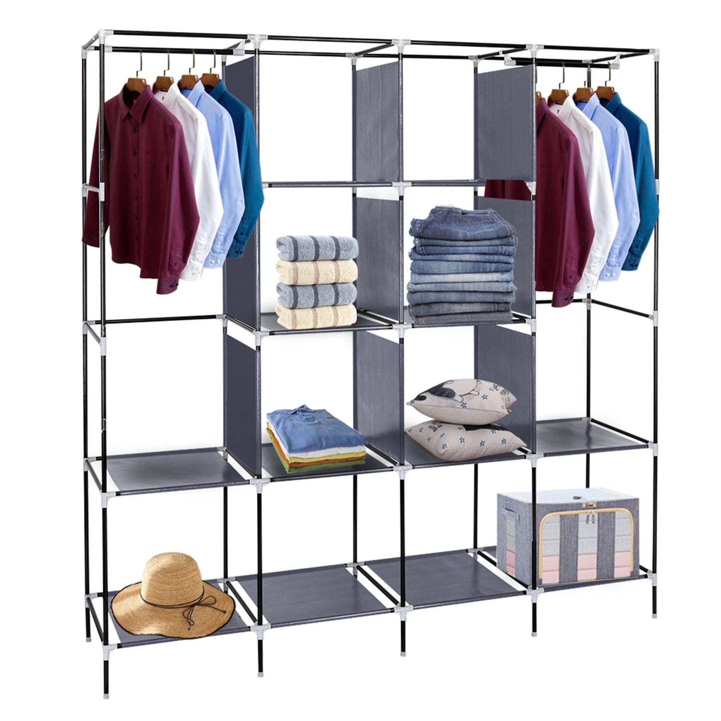 67 Inch Portable Wardrobe Closet Clothes Storage Rack with 12 Shelves and 4 Side Pockets Gray Organizer for Bedroom