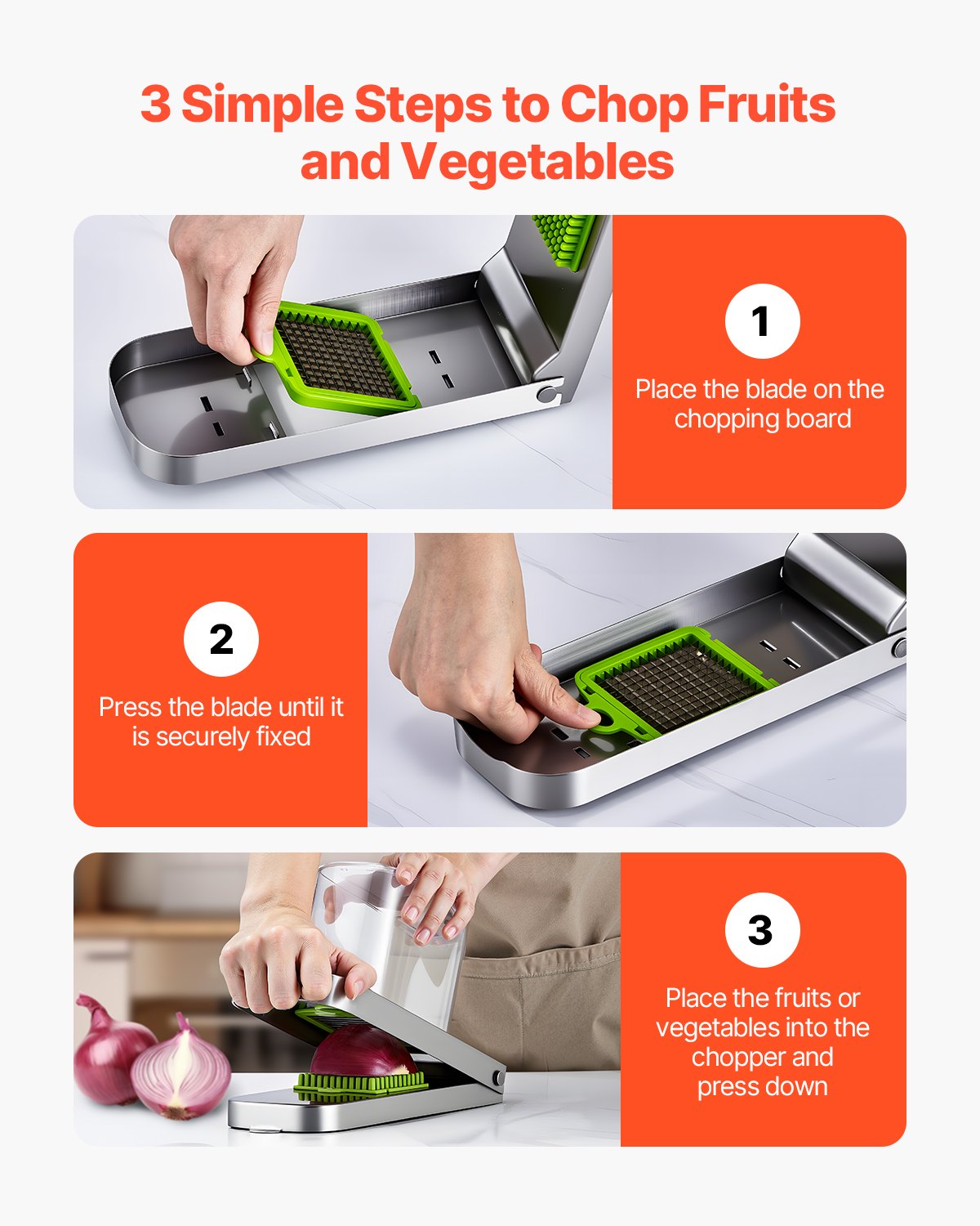 Vegetable Chopper 3 in 1 Stainless Steel Onion Slicer Food Cutter with Container Kitchen Gadget for Easy Meal Prep
