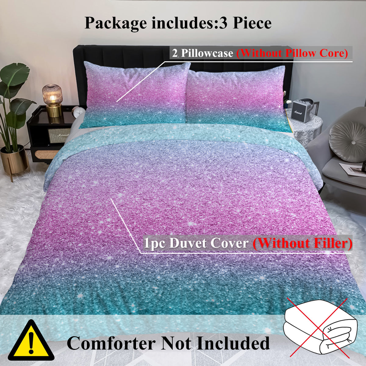 3-Piece Colorful Glitter Bedding Set Girls Soft Microfiber 3D Gradient Ombre Rainbow Duvet Cover All-Season Bed Set