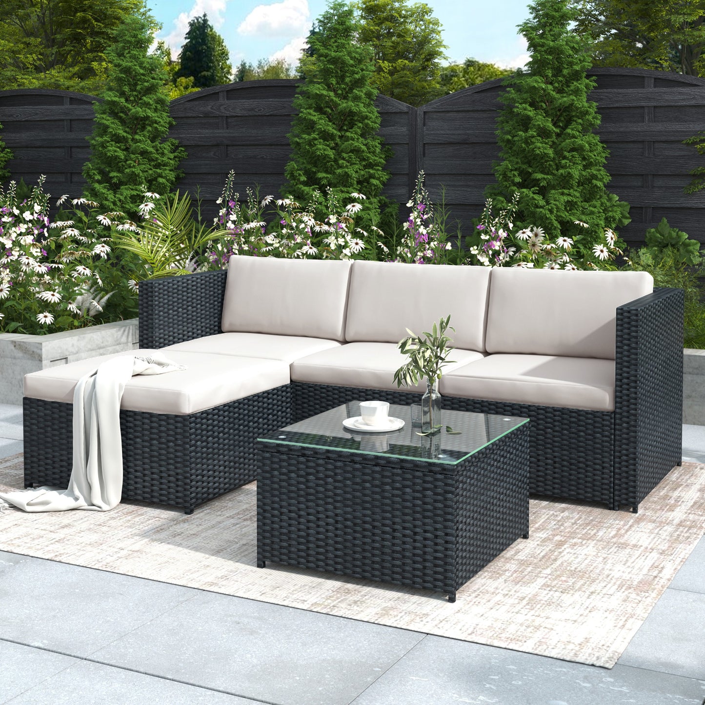 Black Rattan Garden Corner Sofa Set Patio Furniture Lounge Set Outdoor Entertaining Seating
