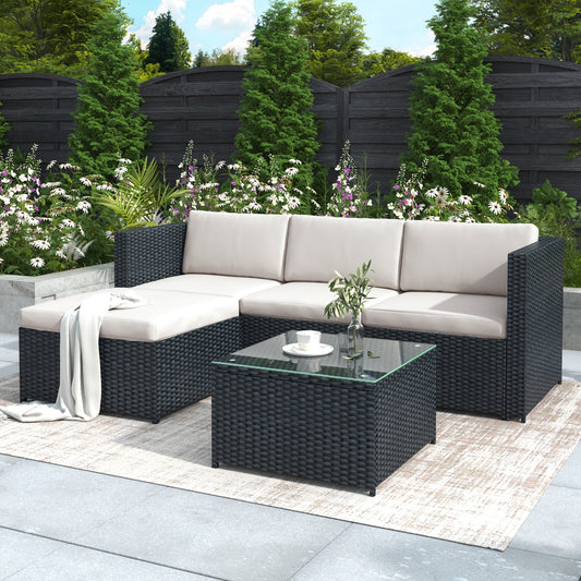 Black Rattan Garden Corner Sofa Set Patio Furniture Lounge Set Outdoor Entertaining Seating