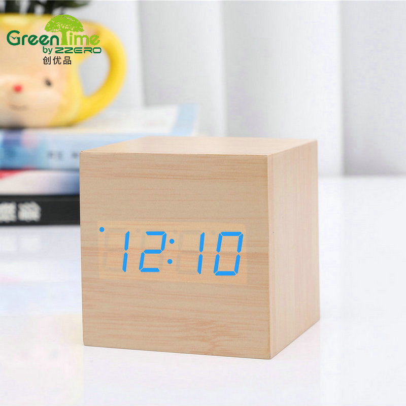 Minimalist Cube Wooden Digital Clock Sound Sensitive LED Display Temperature and Time Desk Alarm Clock