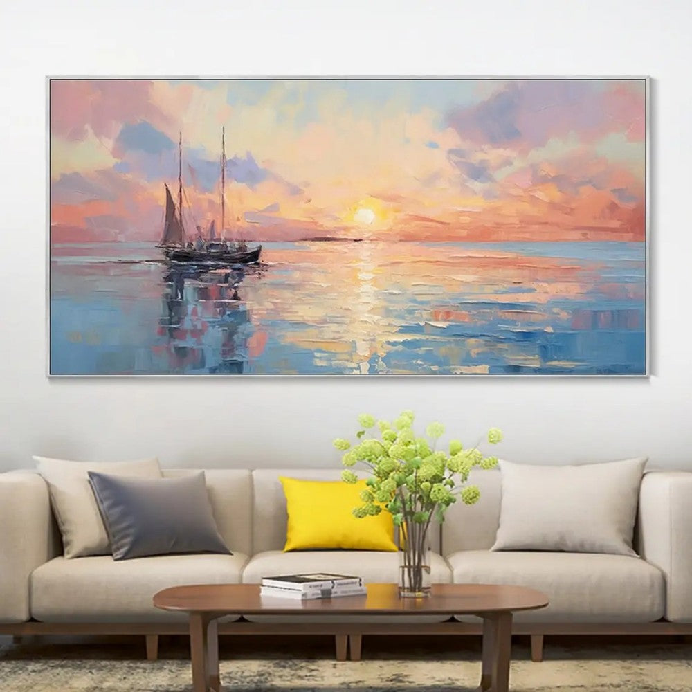 Handmade Abstract Sunrise Over Sea Oil Painting Canvas Wall Art Modern Living Room Home Decor Frameless