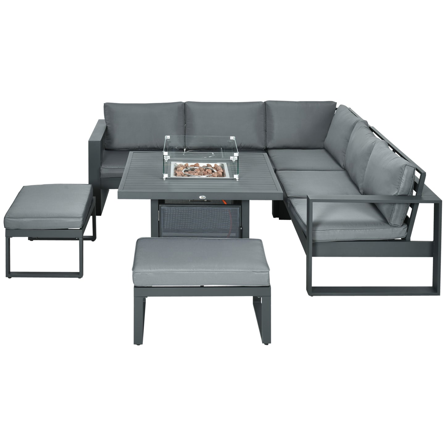 6-Piece Aluminum Garden Furniture Set with Fire Pit Table Outdoor Patio Sofa Dining Set with Cushions Grey