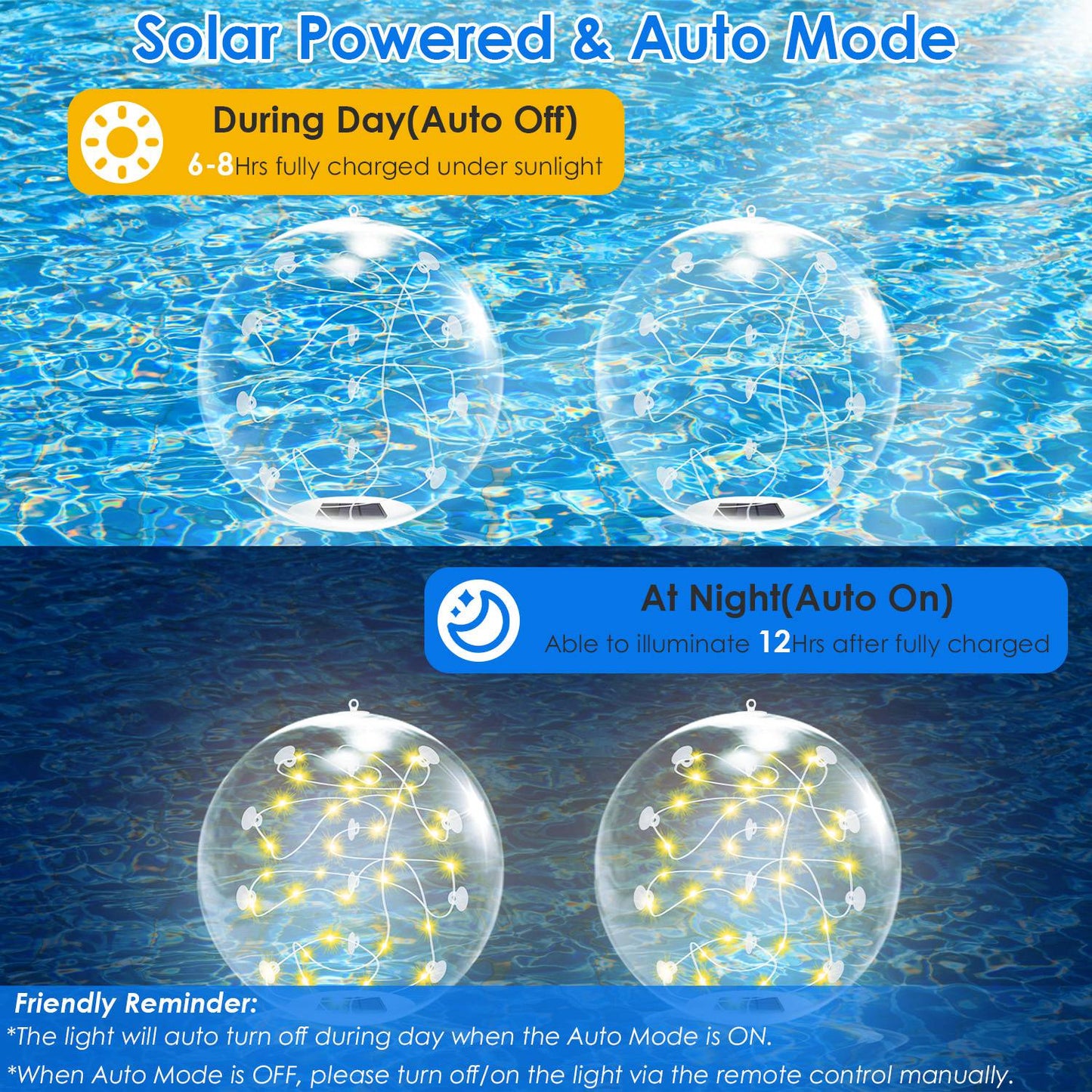 2Pcs 14in Solar Floating Pool Lights IP68 Waterproof Inflatable Pool Balls with Remote Control & Timer