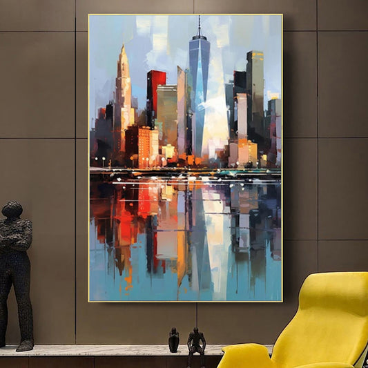 Handmade Abstract New York City Urban Architecture Oil Painting on Canvas Wall Art for Living Room Home Decor Frameless Unstretched