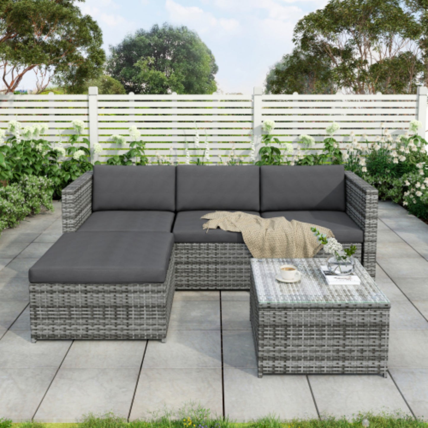 Grey Rattan Garden Corner Sofa Set Patio Furniture Lounge Set Outdoor Entertaining Seating