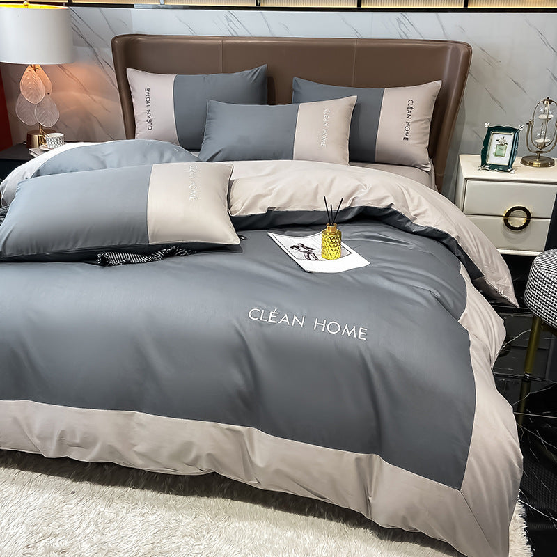 European and American Letters Embroidered Cotton Satin Four Piece Bedding Set Luxury Soft Duvet Cover Bed Sheet Set