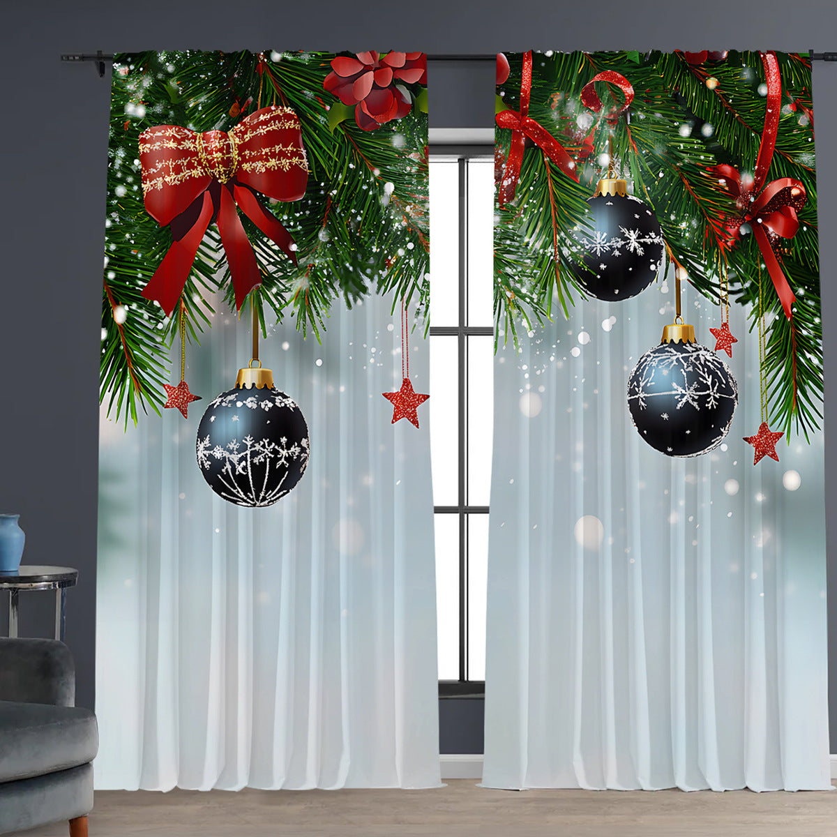 2PCs Christmas Curtains 3D Digital Printing Flower Window Drapes Festive Home Decoration