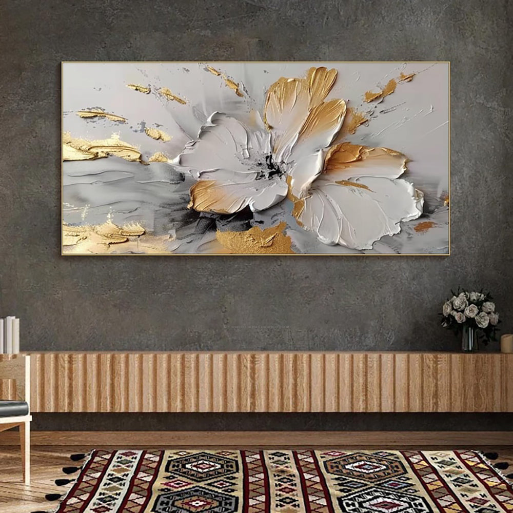 Handmade Abstract Golden White Floral Oil Painting Canvas Wall Art Frameless Unstretched Living Room Decor
