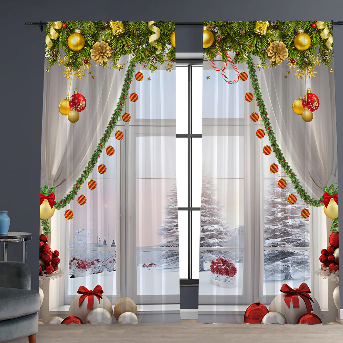 2PCs Christmas Curtains 3D Digital Printing Flower Window Drapes Festive Home Decoration