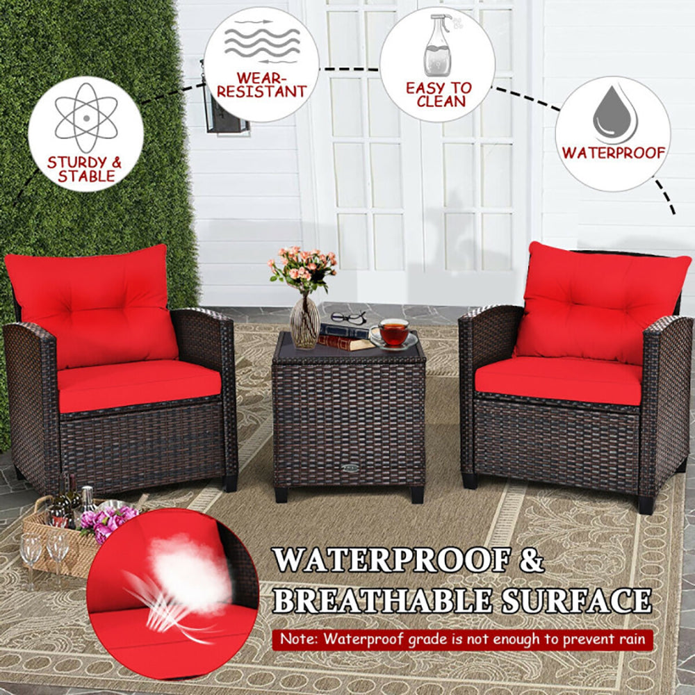 3 Pieces Rattan Patio Furniture Set with Washable Cushions Outdoor Garden Sofa Table Seating Set