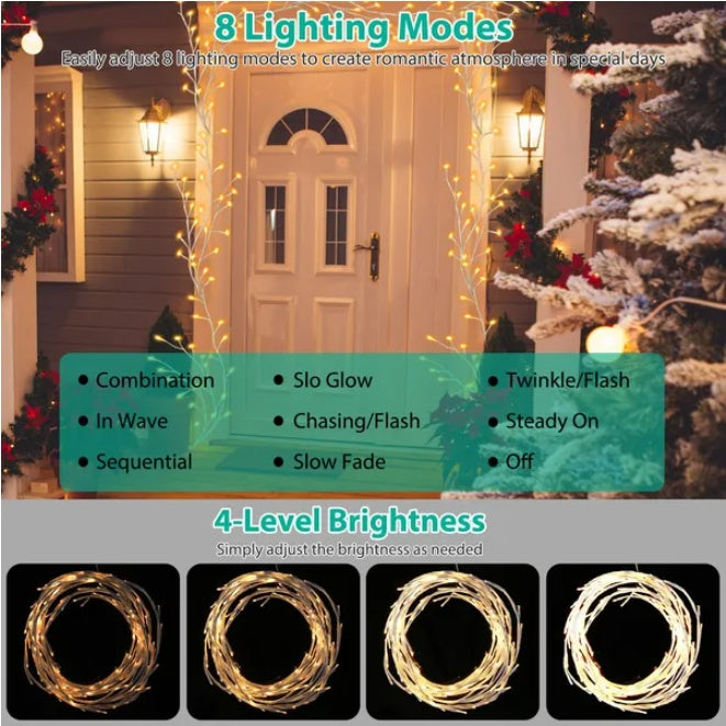 Birch Flower Wreath with LED String Lights – Timer & 8 Modes, IP45 Waterproof Decorative Garland