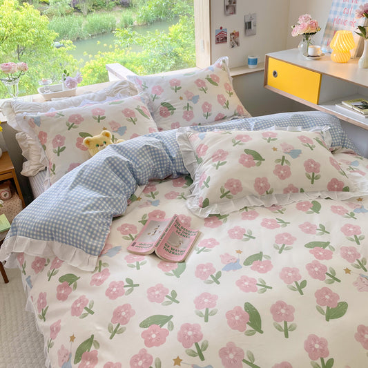 Small Floral Cotton Four Piece Bedding Set Princess Style Duvet Cover Bed Sheet Pillowcase Soft Bedroom Set