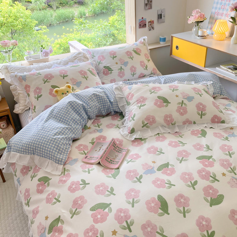 Small Floral Cotton Four Piece Bedding Set Princess Style Duvet Cover Bed Sheet Pillowcase Soft Bedroom Set