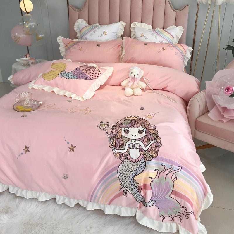 Mermaid Cotton Four Piece Bedding Set Embroidered Naked Sleep Style Soft Duvet Cover Bed Sheet Set