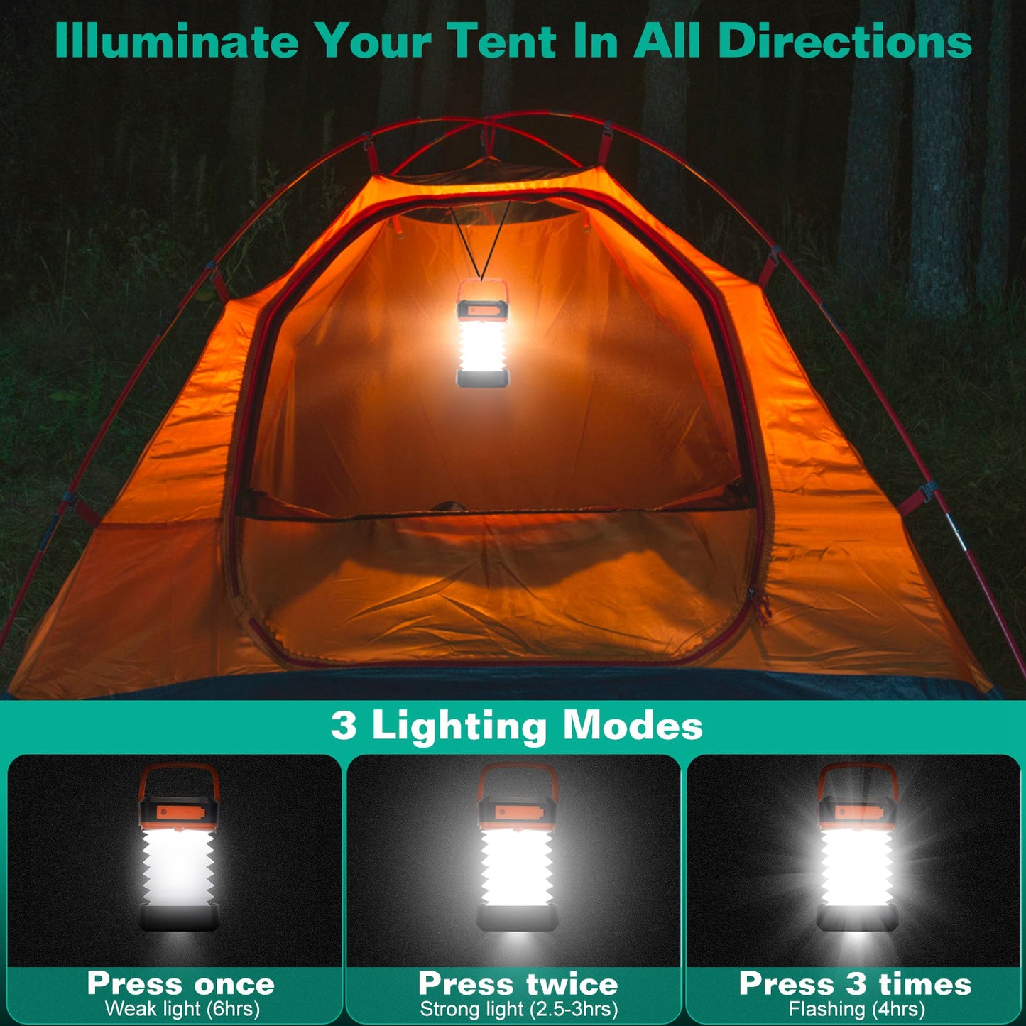 Solar Camping Lantern LED Collapsible Tent Lamp USB Rechargeable Portable Emergency Light for Hiking Fishing Outdoor Use
