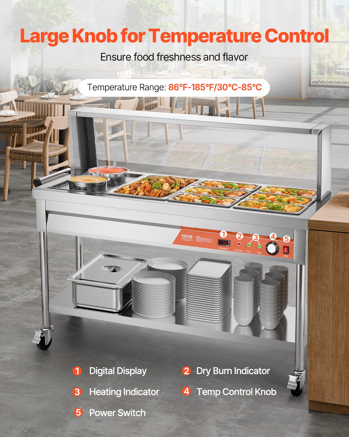 Commercial 7 Pan Food Warmer Steam Table with 2 Pots and Undershelf Shield for Buffet and Catering Use