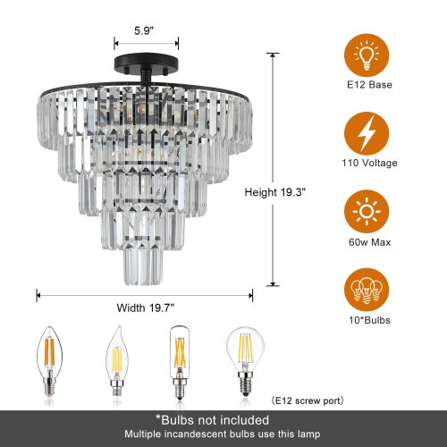 Large Black Crystal Chandelier – Contemporary Lighting for Dining, Living Room & Bedroom (Bulb Not Included)