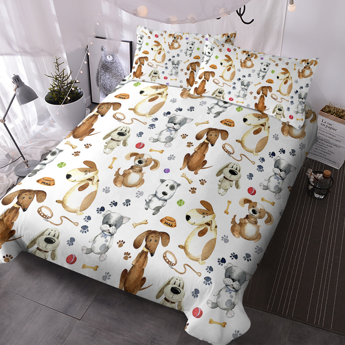 Kids Duvet Cover Set Cartoon Dogs Paws Pattern 3-Piece Bedding Set Cute Puppy Animal Bed Set