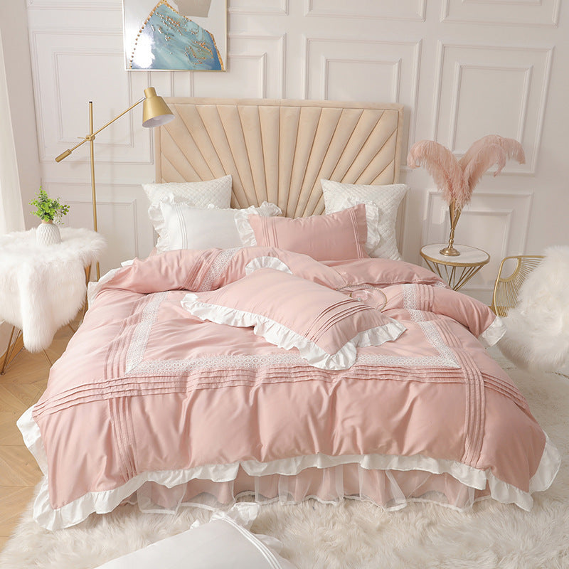 Lace Bed Skirt Quilt Cover 4 Piece Bedding Set Korean Princess Style Girl Heart Design Home Textile Set