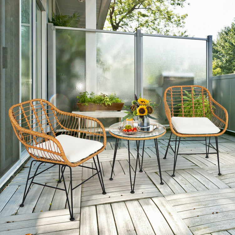 3 Pieces Rattan Furniture Set Cushioned Chairs & Table Outdoor Patio Garden Sofa Seating Set