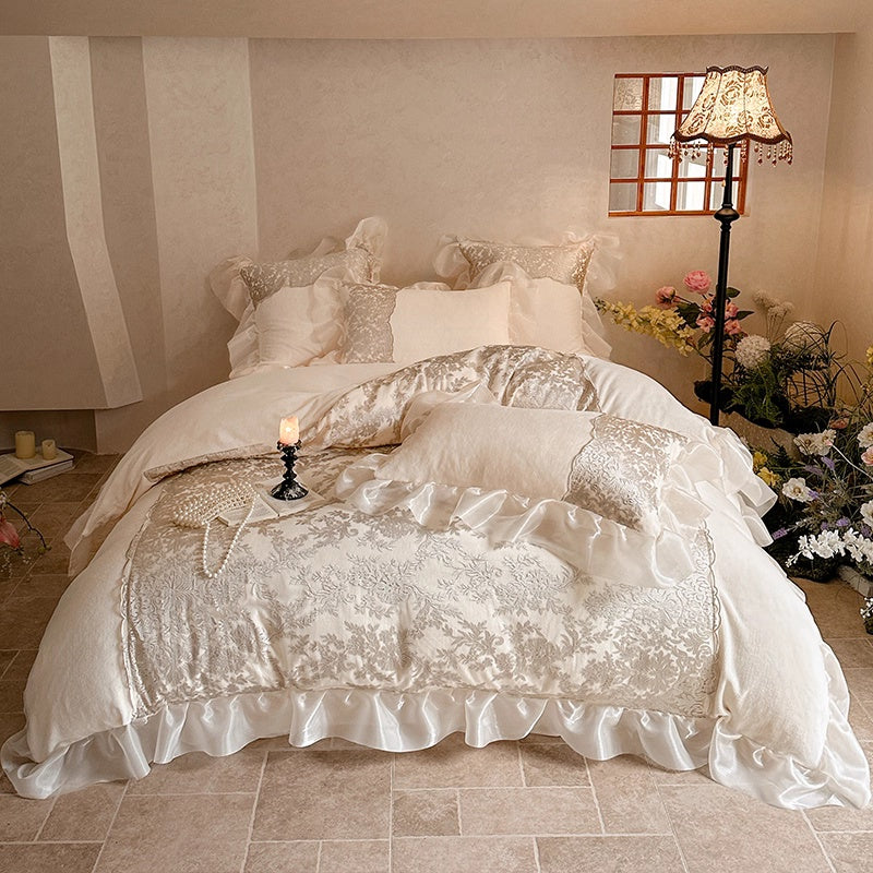 French High-End Retro Princess Style 4-Season Bedding Set Elegant Luxury Soft Bedroom Bed Set