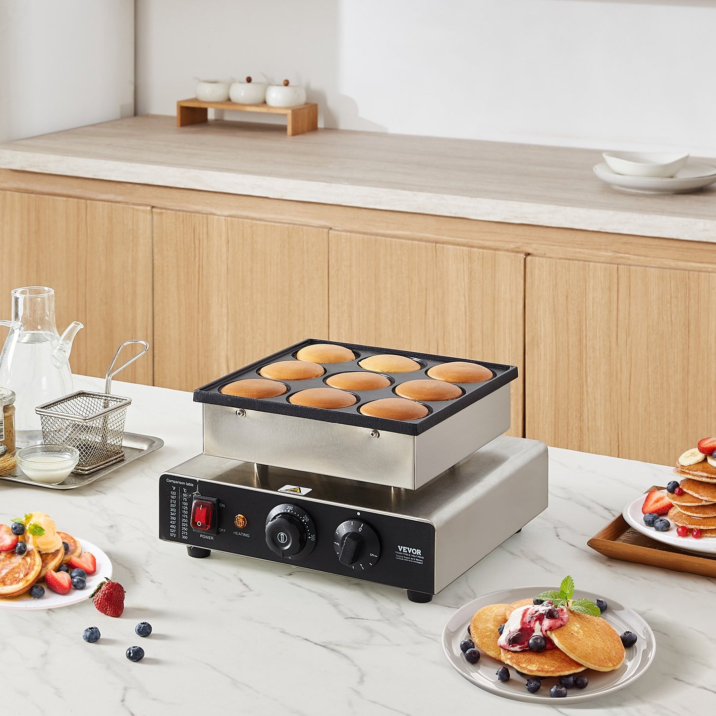 9PCS Dutch Pancake Maker 76mm Commercial Dorayaki Baker 850W Non-Stick Snack Machine for Café and Restaurant Use