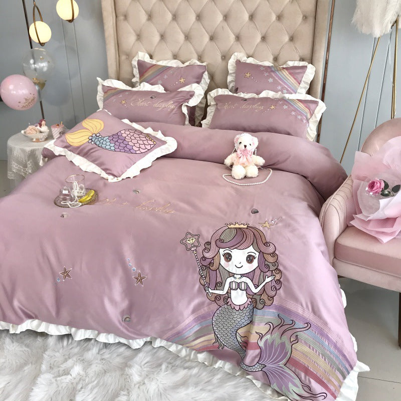 Mermaid Cotton Four Piece Bedding Set Embroidered Naked Sleep Style Soft Duvet Cover Bed Sheet Set