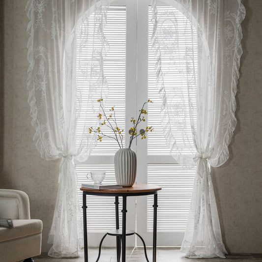 Lace Trim Balcony Bay Window Curtains White Sheer Partition Wavy Pastoral Style Elegant Drapes