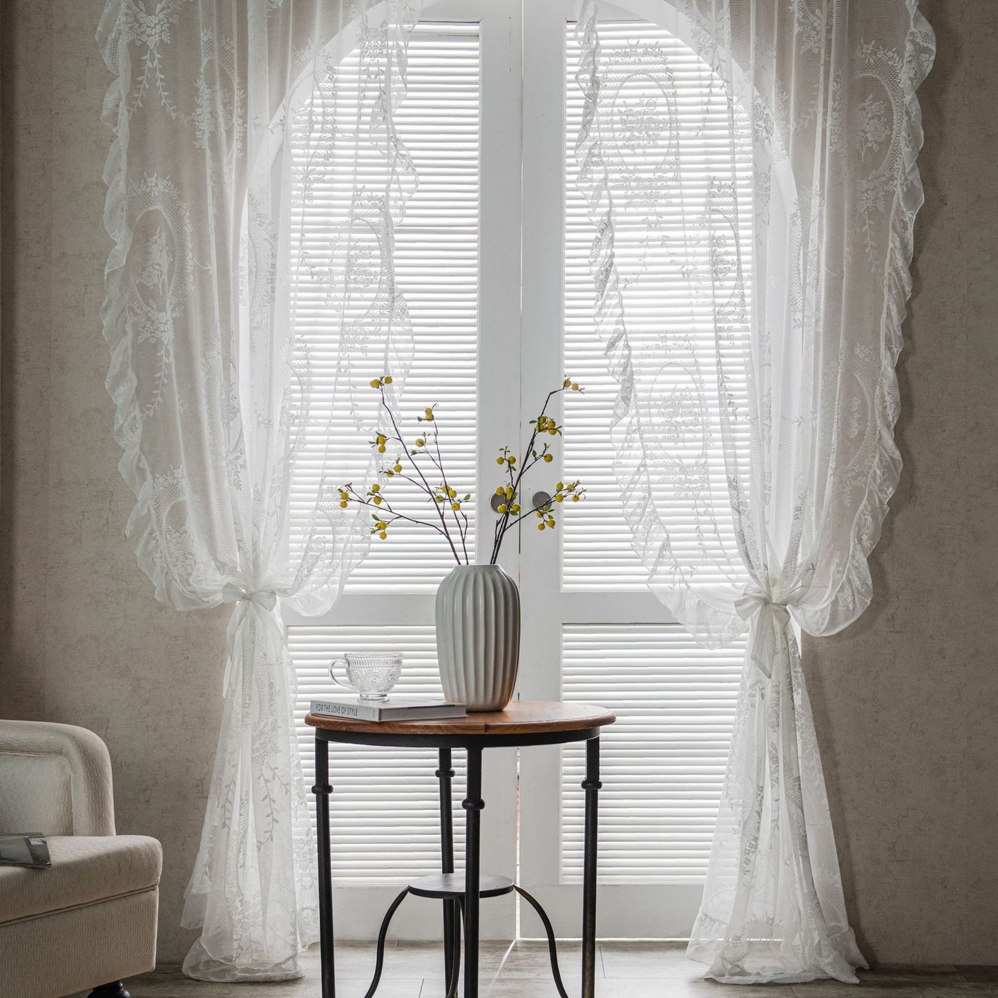Lace Trim Balcony Bay Window Curtains White Sheer Partition Wavy Pastoral Style Elegant Drapes