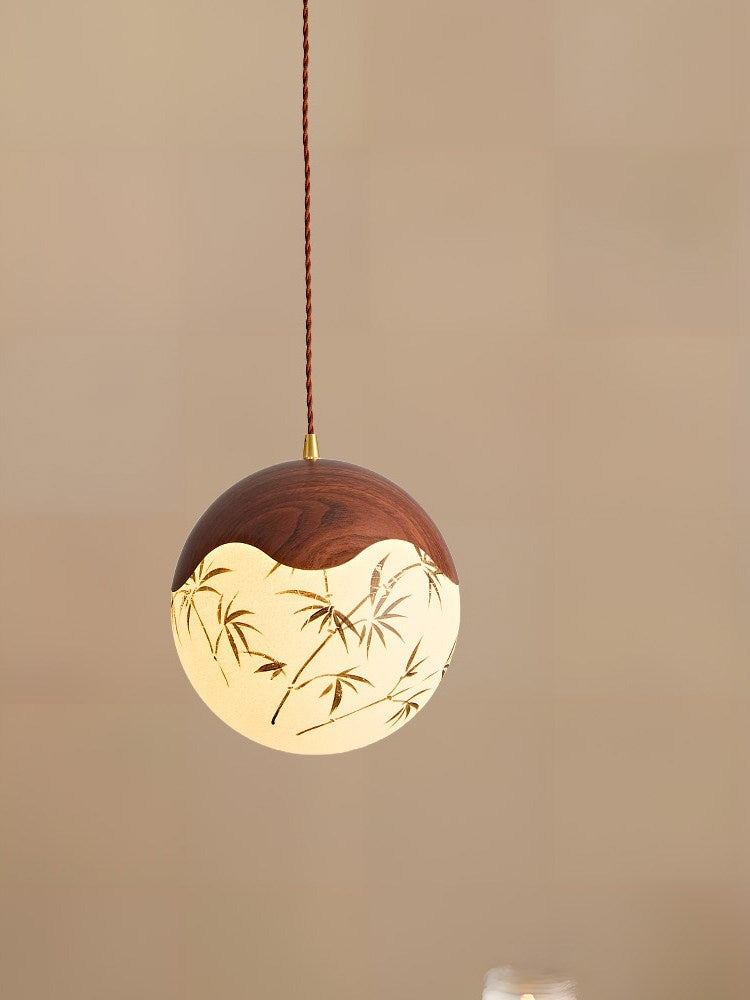 Mid-Century Modern Walnut Pendant Light – Round Globe with Printed Pattern