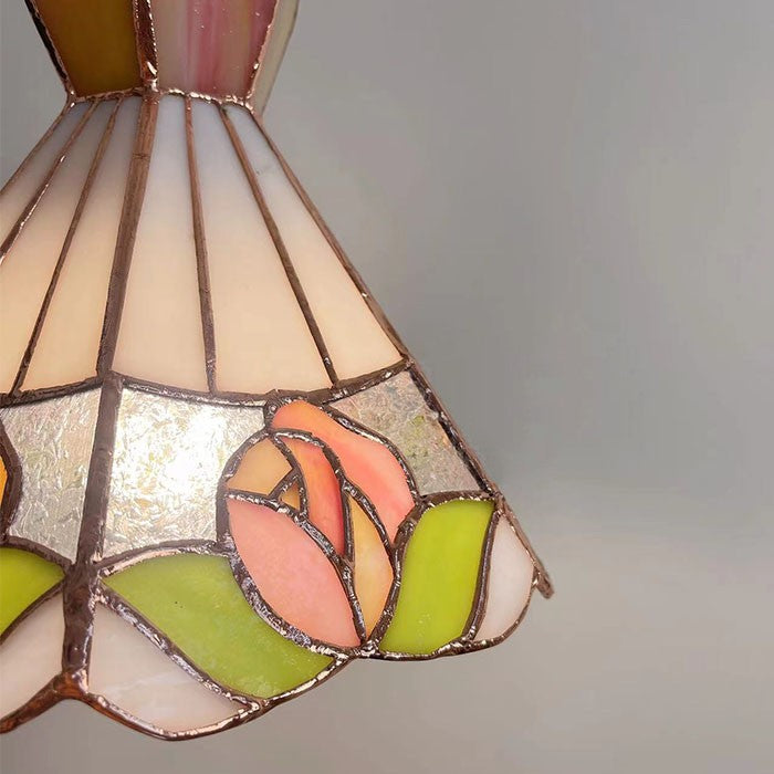 Tea Chestnut French Retro Chandelier – Rose Stained Glass Ceiling Light