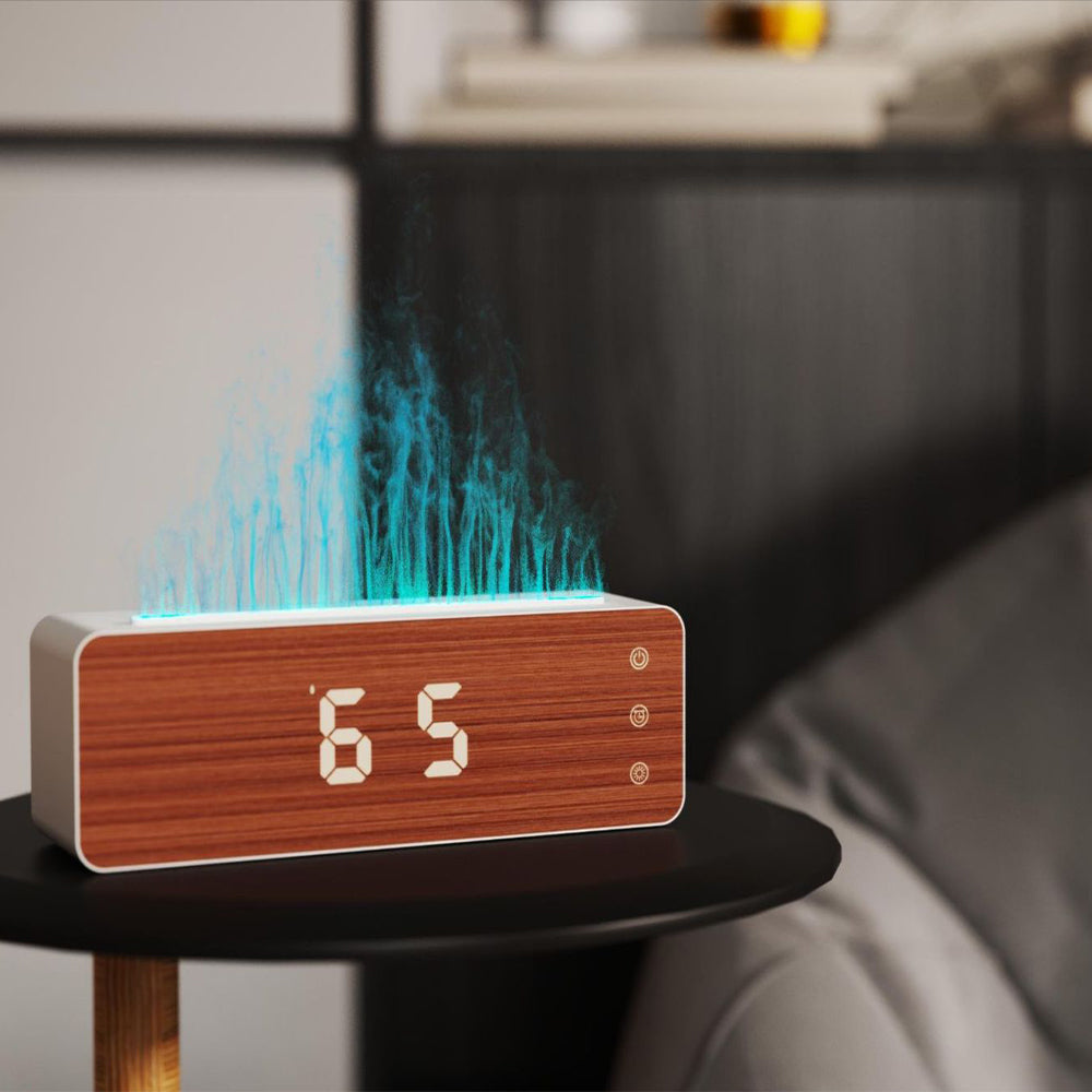 Flame Humidifier Aromatherapy Machine with Clock Display Desktop LED Mist Diffuser for Bedroom Home Relaxation