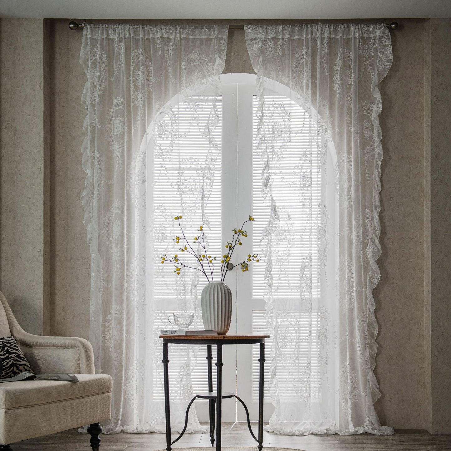 Lace Trim Balcony Bay Window Curtains White Sheer Partition Wavy Pastoral Style Elegant Drapes